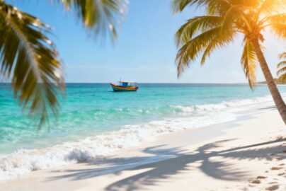 Sunny beach with turquoise water and palm trees.