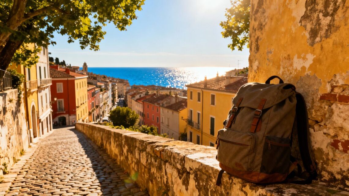 Budget European cityscape with sea view and backpack.