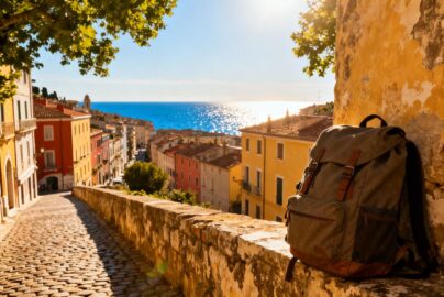 Budget European cityscape with sea view and backpack.