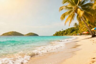 Tropical beach with palm trees and clear blue water.