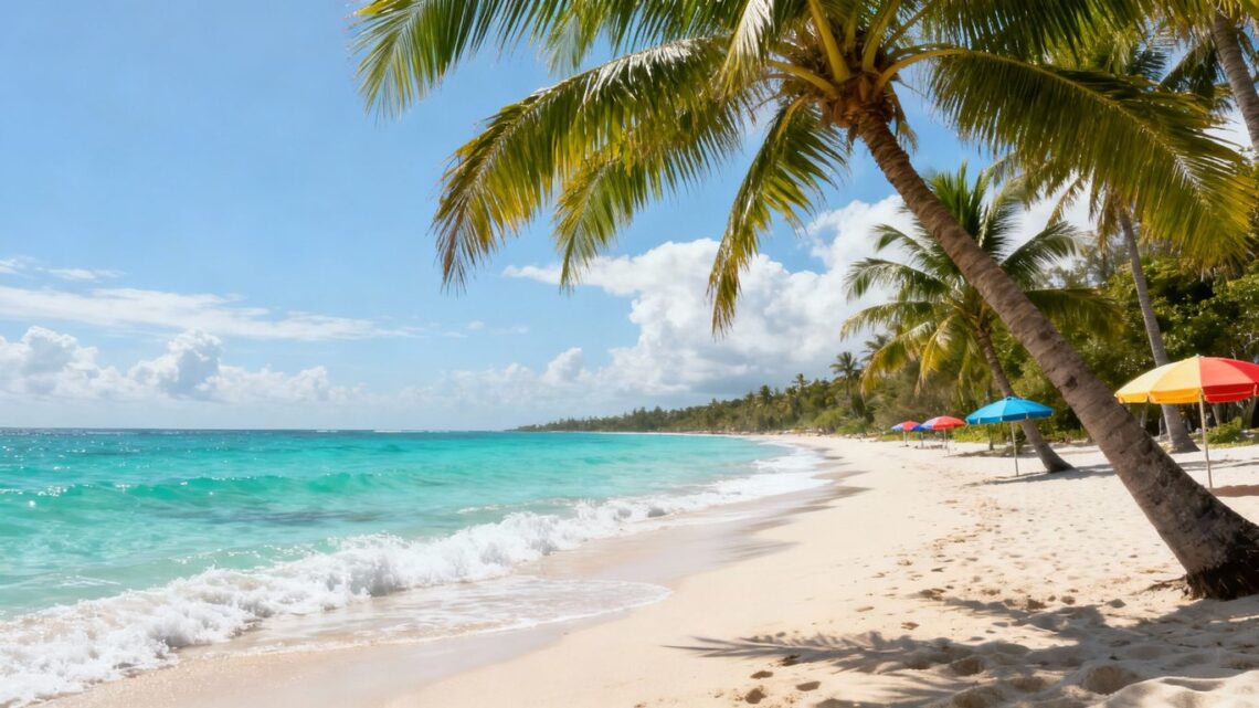 Sunny beach with palm trees and clear blue water.