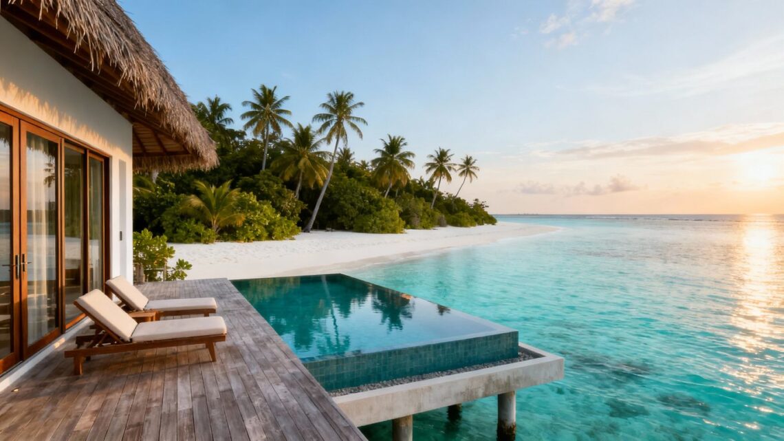 Maldives overwater bungalow with infinity pool and turquoise lagoon.