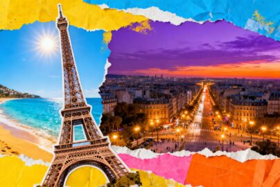 Global travel destinations collage for cheap flights.