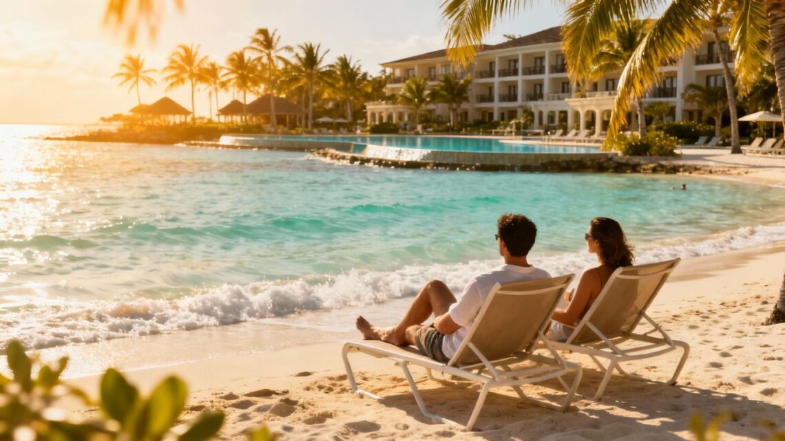Couple relaxing on a tropical beach with TUI resort.