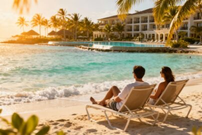 Couple relaxing on a tropical beach with TUI resort.