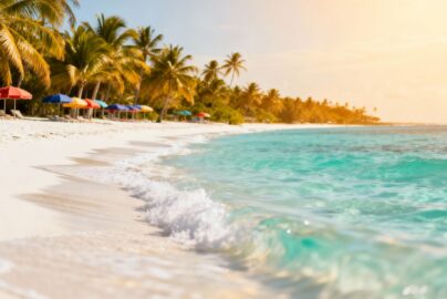 Sunny beach with palm trees and clear blue water.