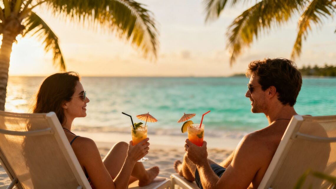 Couple enjoying a cheap all-inclusive beach holiday.