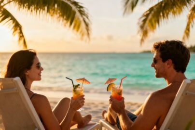 Couple enjoying a cheap all-inclusive beach holiday.