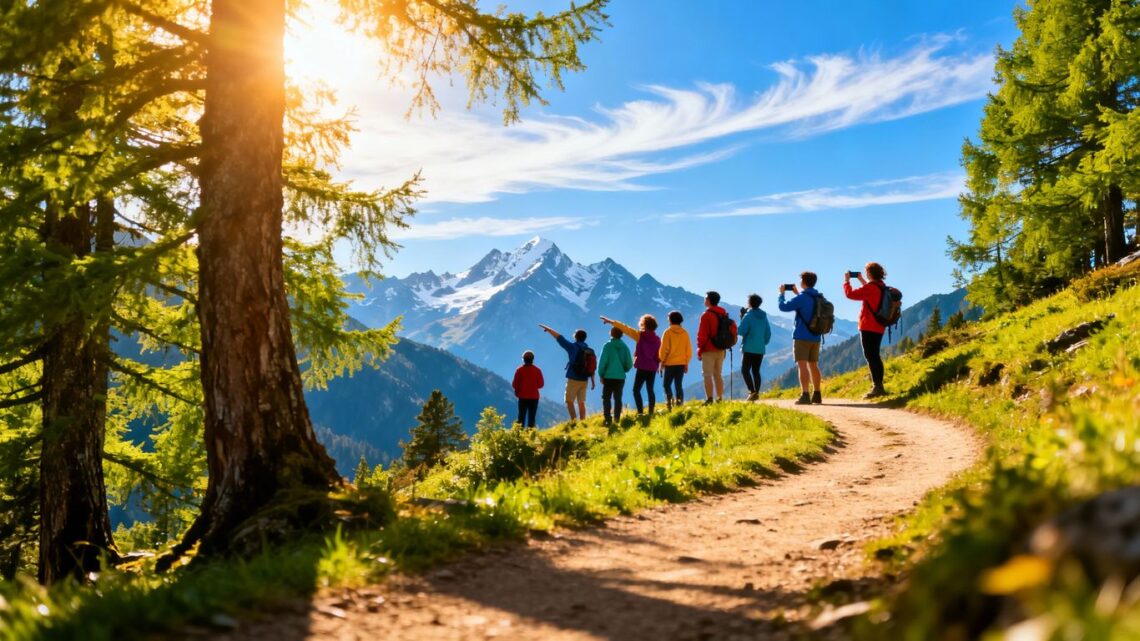 Travelers exploring a scenic mountain vista with snow-capped peaks.