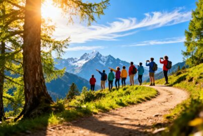 Travelers exploring a scenic mountain vista with snow-capped peaks.