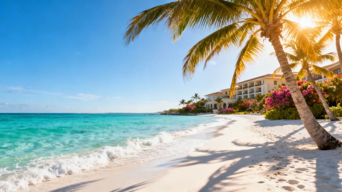 Beach with palm trees and resort for September holidays.