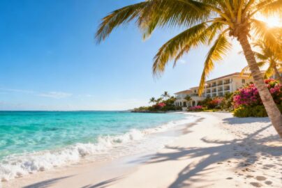 Beach with palm trees and resort for September holidays.