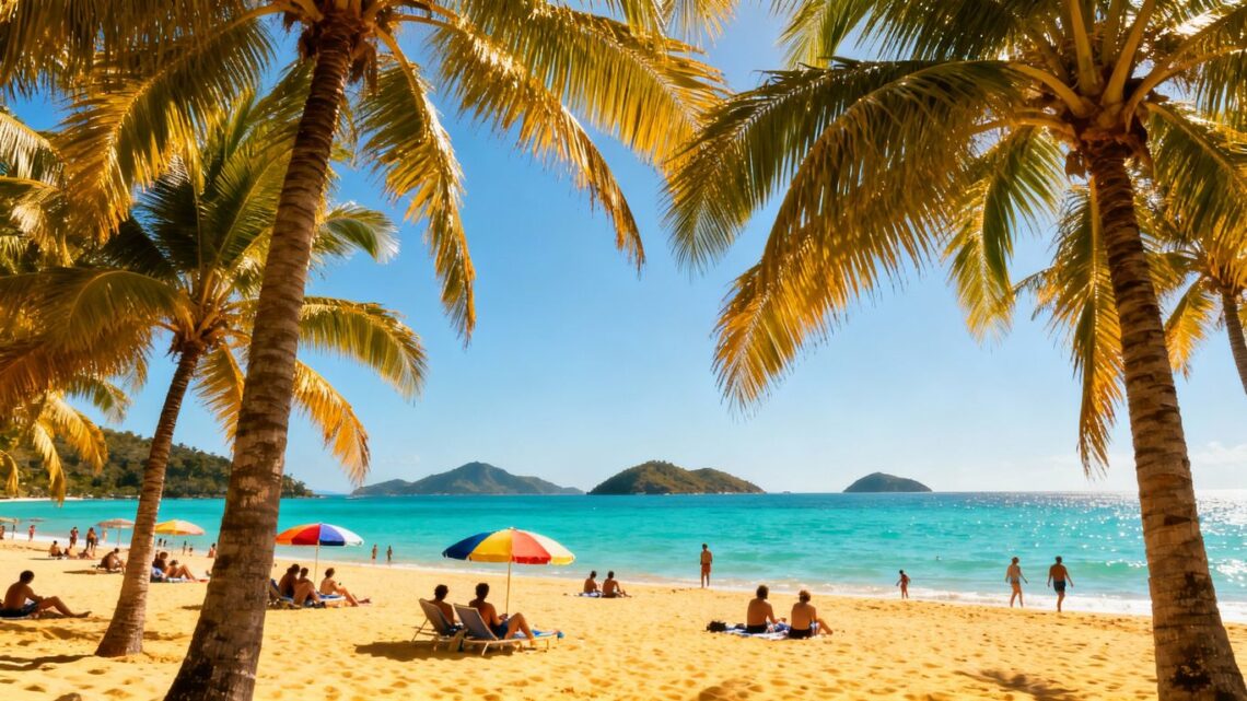 Sunny beach with clear blue water and palm trees.