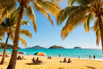 Sunny beach with clear blue water and palm trees.