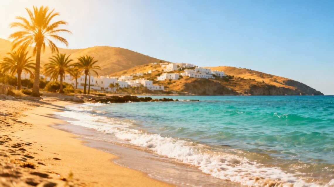 Sunny European coast with clear blue water and palm trees.