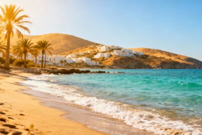 Sunny European coast with clear blue water and palm trees.