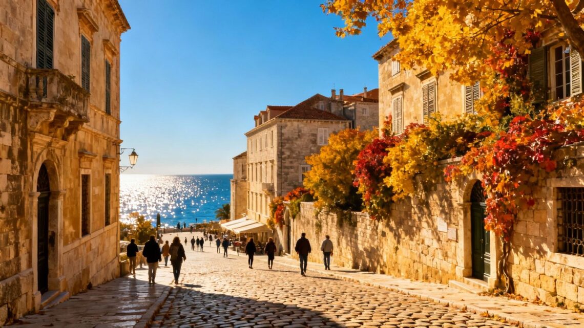 Sunny European city in autumn with colorful trees and blue sky.