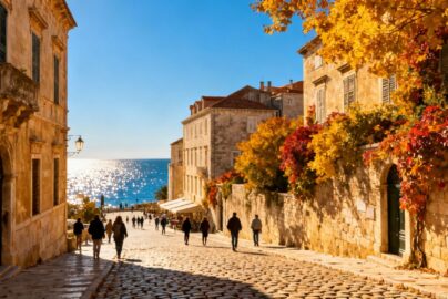 Sunny European city in autumn with colorful trees and blue sky.