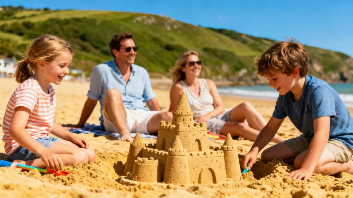 Family enjoying a sunny UK all-inclusive holiday by the sea.