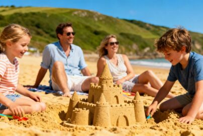 Family enjoying a sunny UK all-inclusive holiday by the sea.