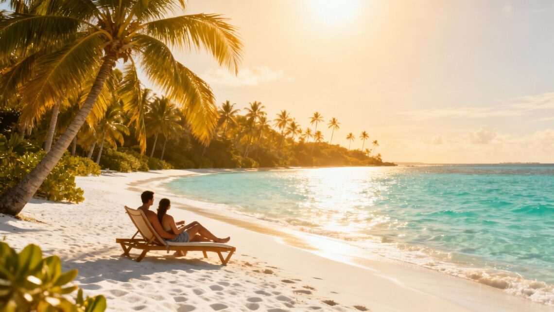 Affordable tropical beach vacation with palm trees and clear water.