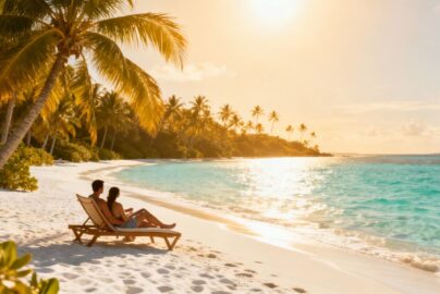 Affordable tropical beach vacation with palm trees and clear water.