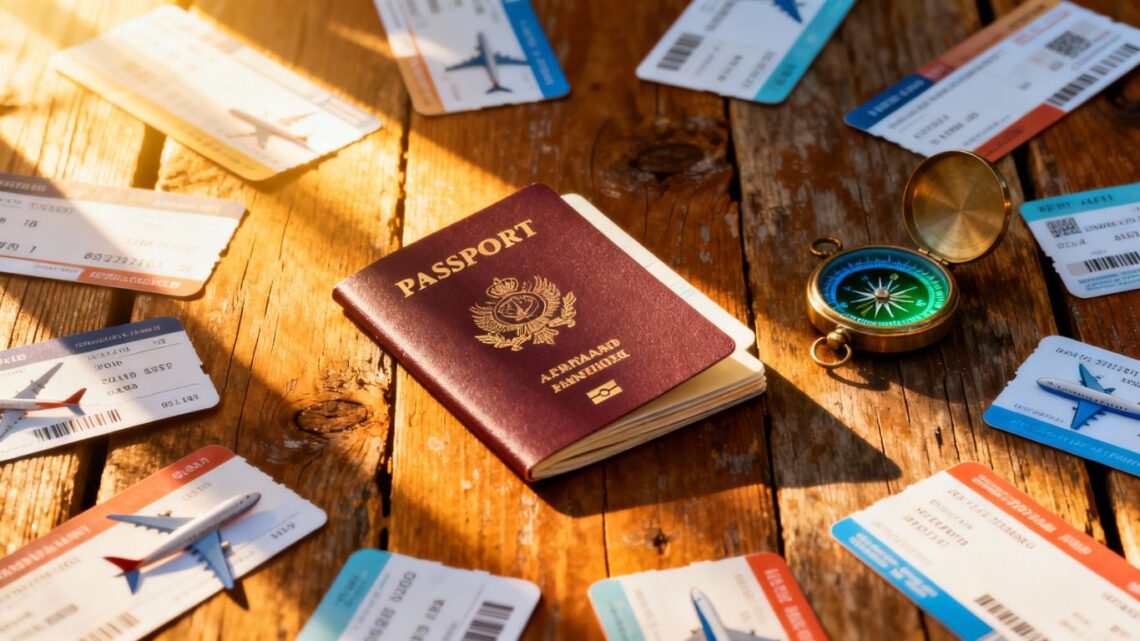 Passport, tickets, and compass for travel deals.