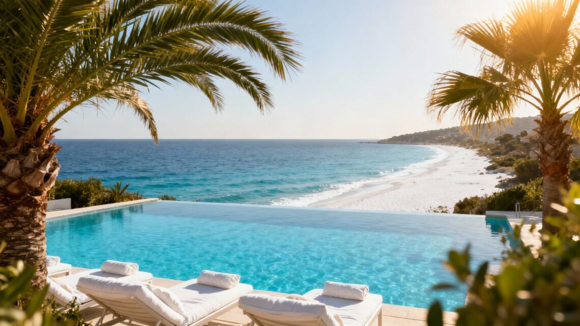 Luxury infinity pool overlooking Mediterranean Sea and beach.