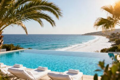 Luxury infinity pool overlooking Mediterranean Sea and beach.