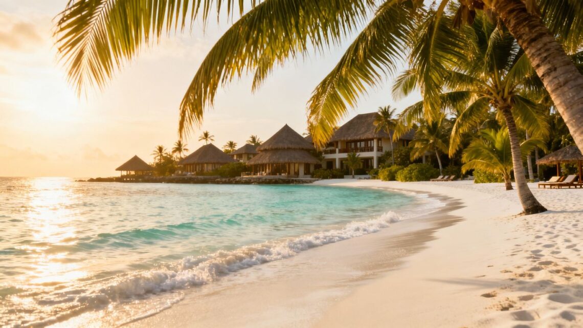 Tropical beach with palm trees and clear blue water.