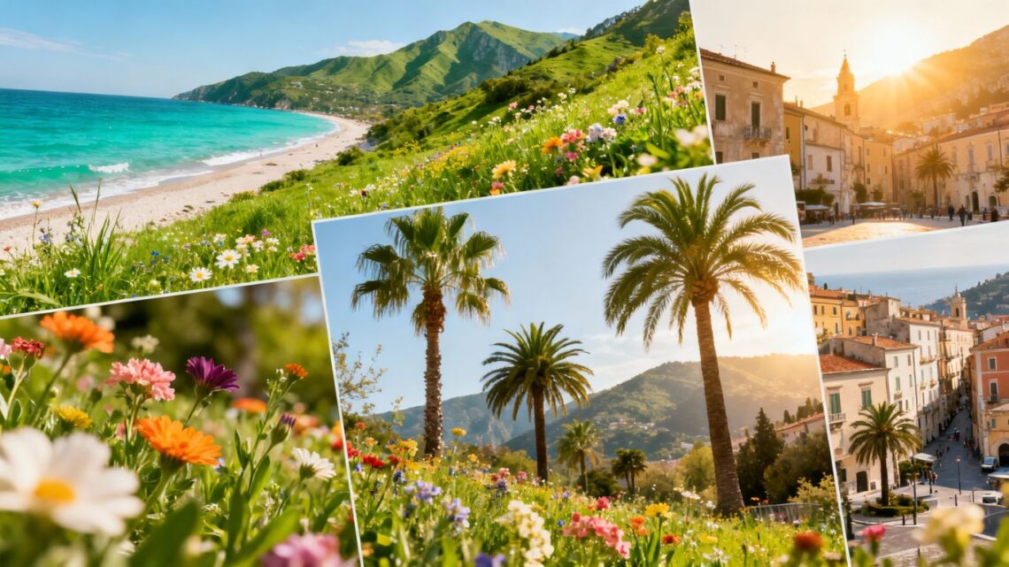 Spring travel destinations collage: beaches, mountains, cities.