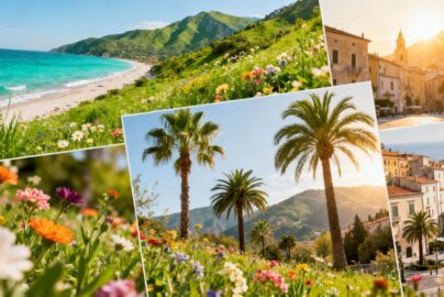 Spring travel destinations collage: beaches, mountains, cities.