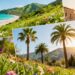 Spring travel destinations collage: beaches, mountains, cities.