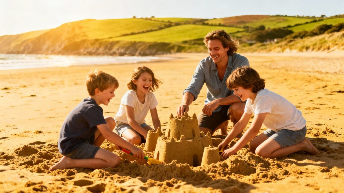 Family enjoying a sunny beach holiday in the UK.