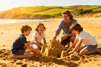 Family enjoying a sunny beach holiday in the UK.