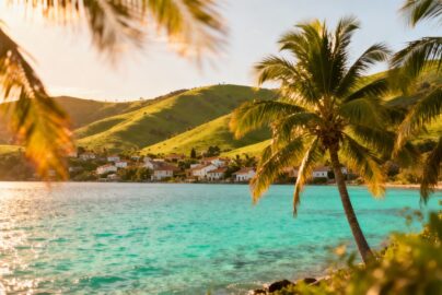 Sunny beach with turquoise water and distant village.