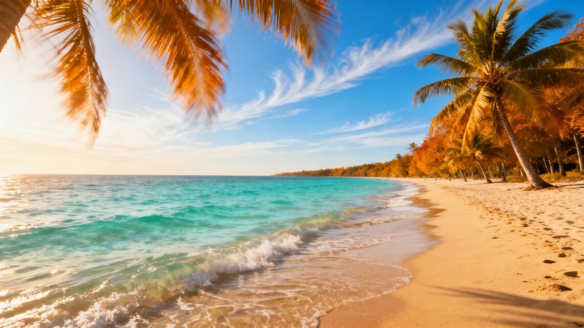 Sunny beach with palm trees and clear blue water.
