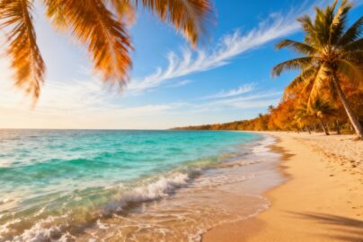 Sunny beach with palm trees and clear blue water.
