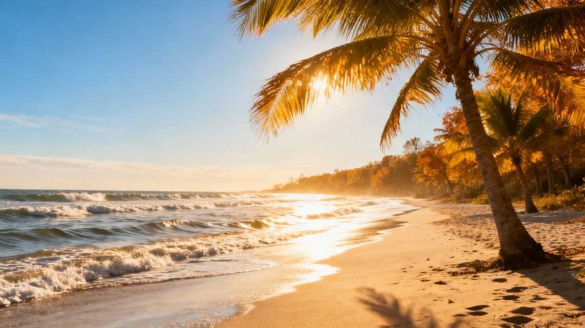Sunny October beach with golden light and gentle waves.