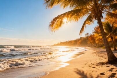 Sunny October beach with golden light and gentle waves.