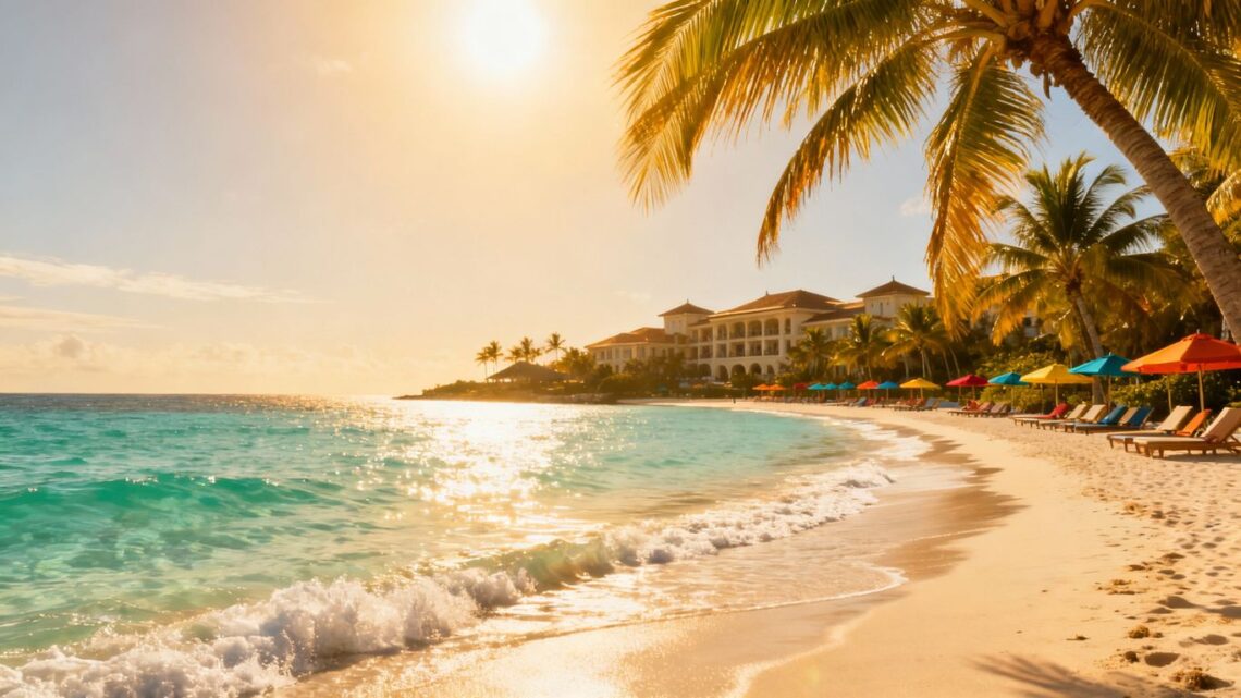 Tropical beach with clear water and resort.