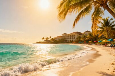 Tropical beach with clear water and resort.
