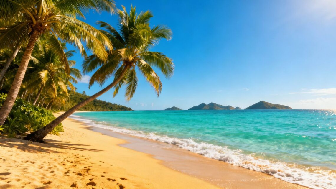 Sunny beach with palm trees and clear blue water.