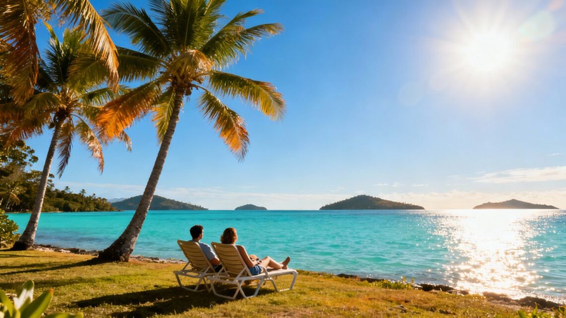 Couple relaxing on a sunny beach in October.