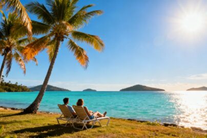 Couple relaxing on a sunny beach in October.