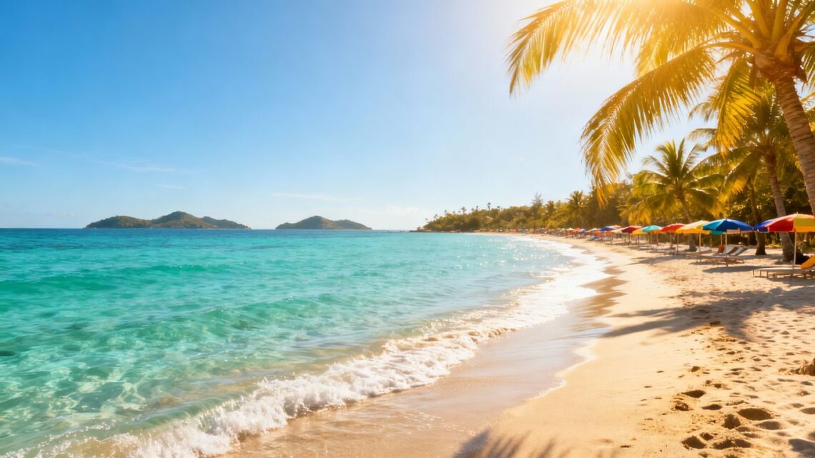 Sunny beach with palm trees and clear blue water.