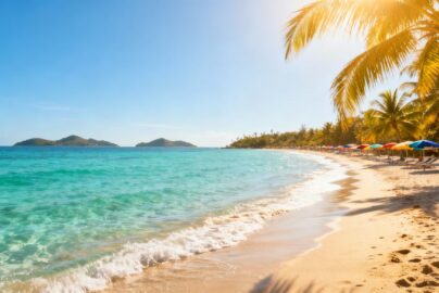 Sunny beach with palm trees and clear blue water.