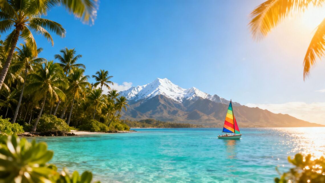 Beautiful beach with mountains and sailboat