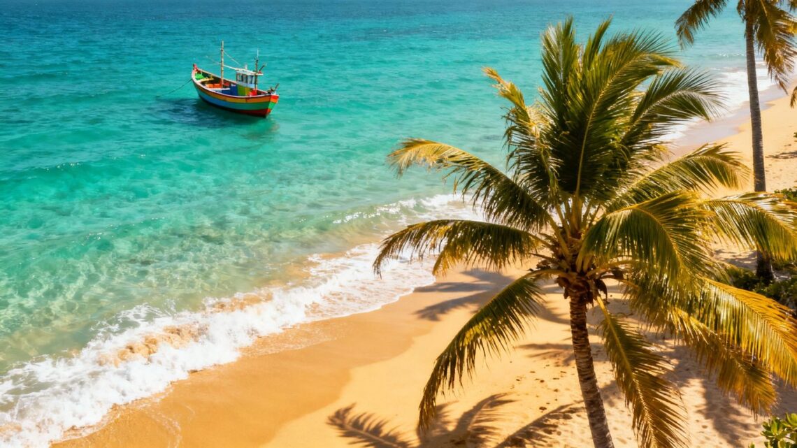 Budget-friendly beach destination with palm trees and clear water.