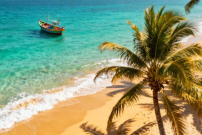 Budget-friendly beach destination with palm trees and clear water.